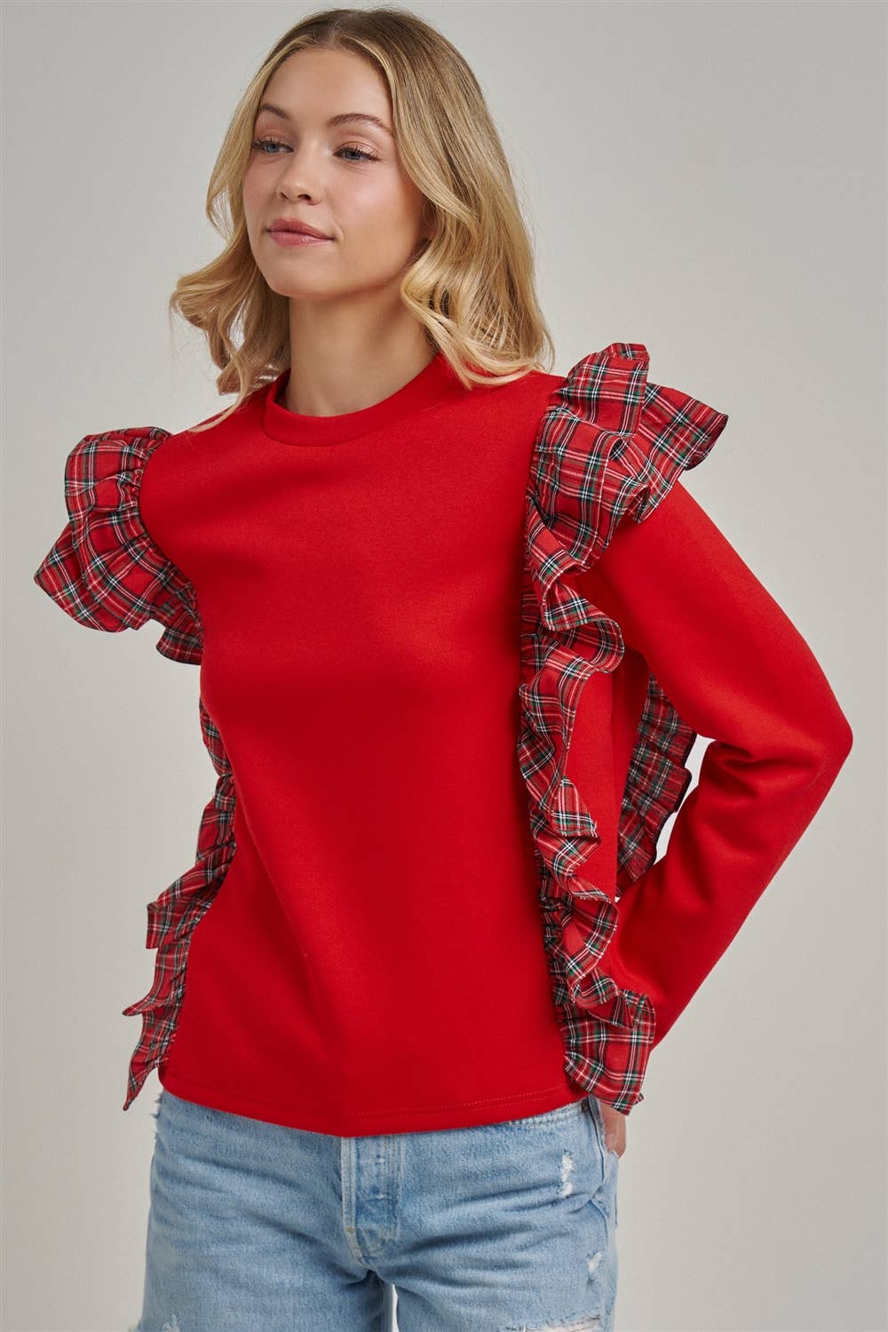 CHRISTMAS HOLIDAY BRUSHED TERRY TOP WITH PLAID_JLT00439-01