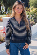 Textured Knit Half Zip Collared Long Sleeve Top
