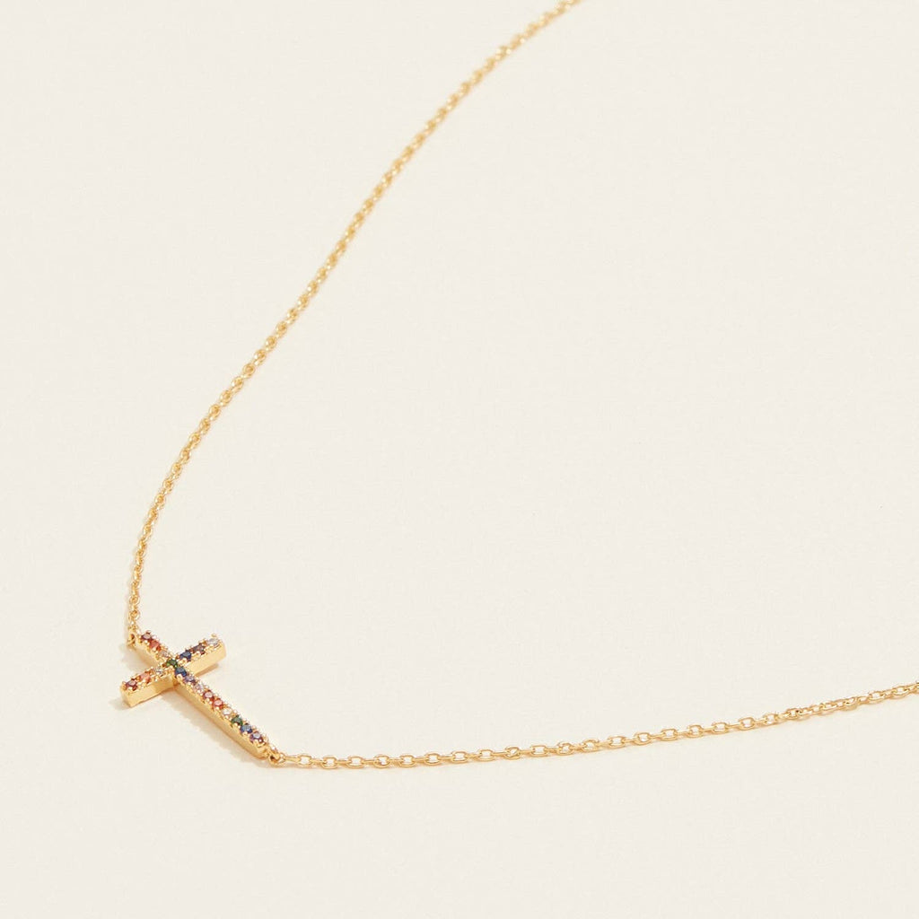 18K Gold Dipped CZ Sideways Cross Necklace