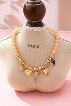 Beige Beaded Bow Heart Rhinestone Charm Necklace | 80N92689