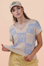12W3370N-Bow Graphic Knit Summer Sweater Top