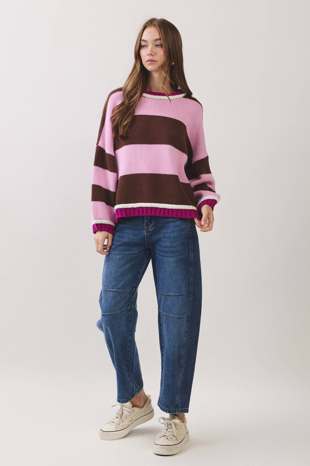 CW2669-Color Block Stripe Knit Sweater
