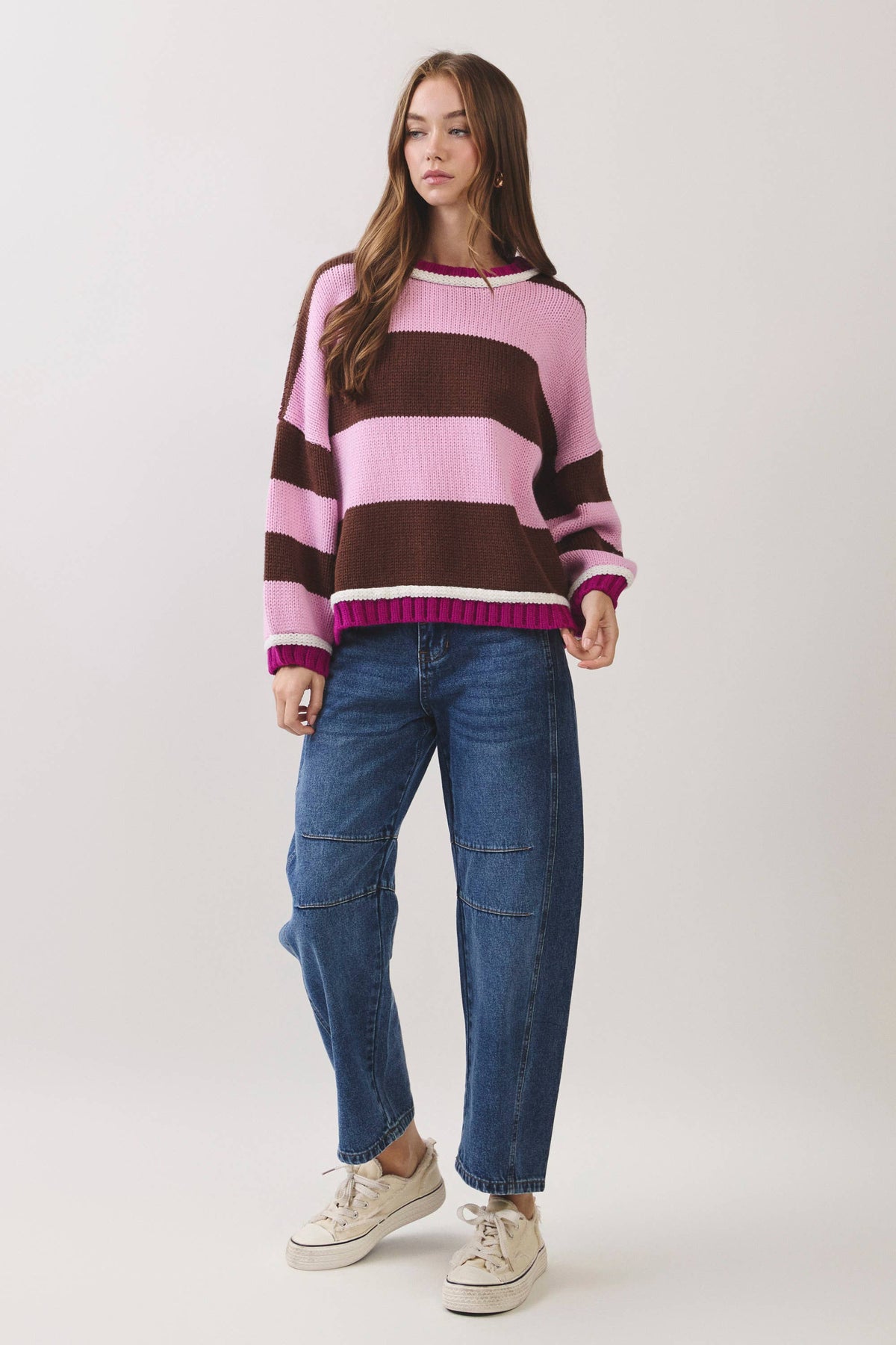 CW2669-Color Block Stripe Knit Sweater