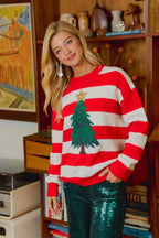 CHRISTMAS STRIPE AND TREE APPLIQUE KNIT TOP