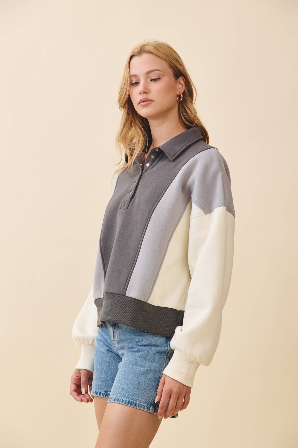 9161HK Collared Colorblock Henley Pullover Sweatshirt