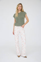 ACID WASHED TAB SLEEVE BACK BUTTON KNIT TOP