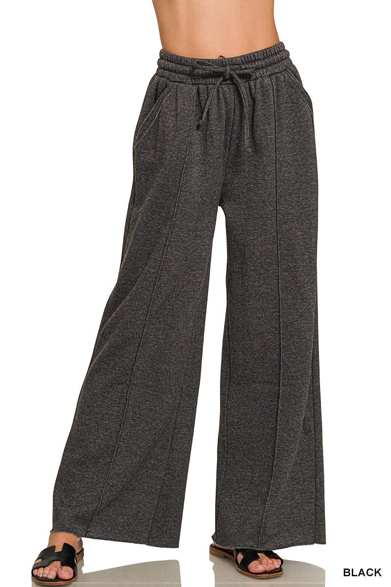 Acid Washed Fleece Pintuck Wide Leg Pants w/ Pockets