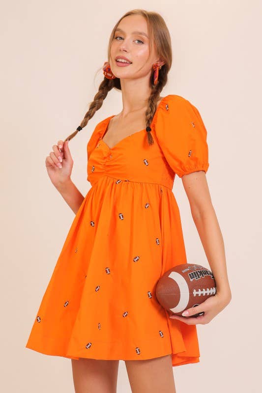 Football Embroidered Game Day Puff Sleeve Dress