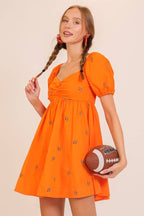 Football Embroidered Game Day Puff Sleeve Dress