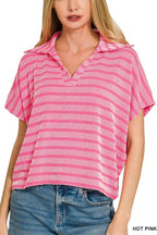 Raised Rib Striped Collared Top