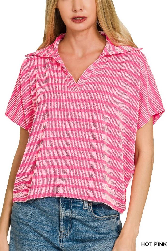 Raised Rib Striped Collared Top