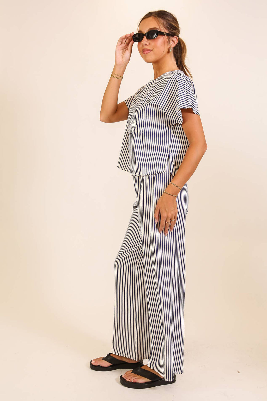 Striped Textured Top & Wide Leg Pant Set