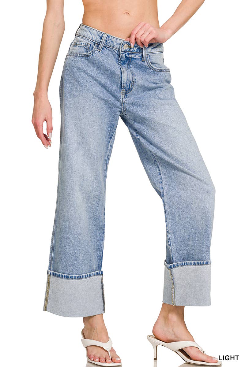 Light Wash High Rise Cuffed Wide Leg Jeans