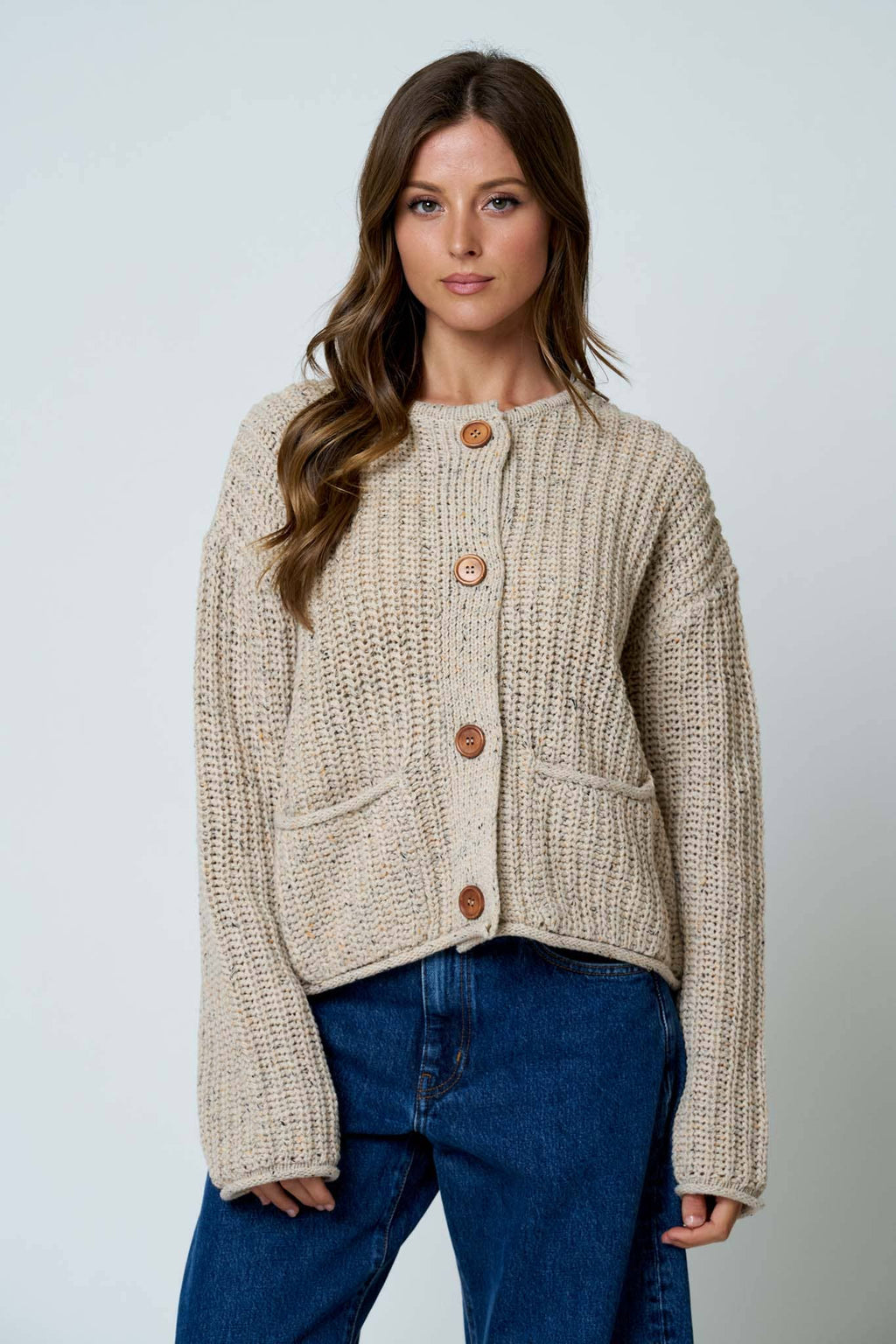 MARLED BUTTON DOWN  RAW EDGE CHUNKY KNIT CARDIGAN