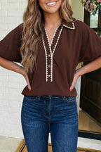 LAS Collar Contrast Trim Button Bubble Sleeve Blouse (S-XL)