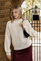 RIBBED ROLLED MOCK NECK CROPPED KNIT SWEATER