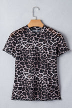 PRETTY BASH Leopard Sheer Mesh Short Sleeve Top