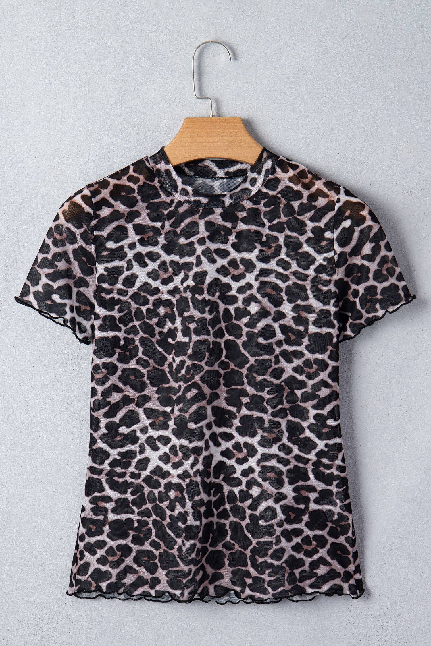 PRETTY BASH Leopard Sheer Mesh Short Sleeve Top