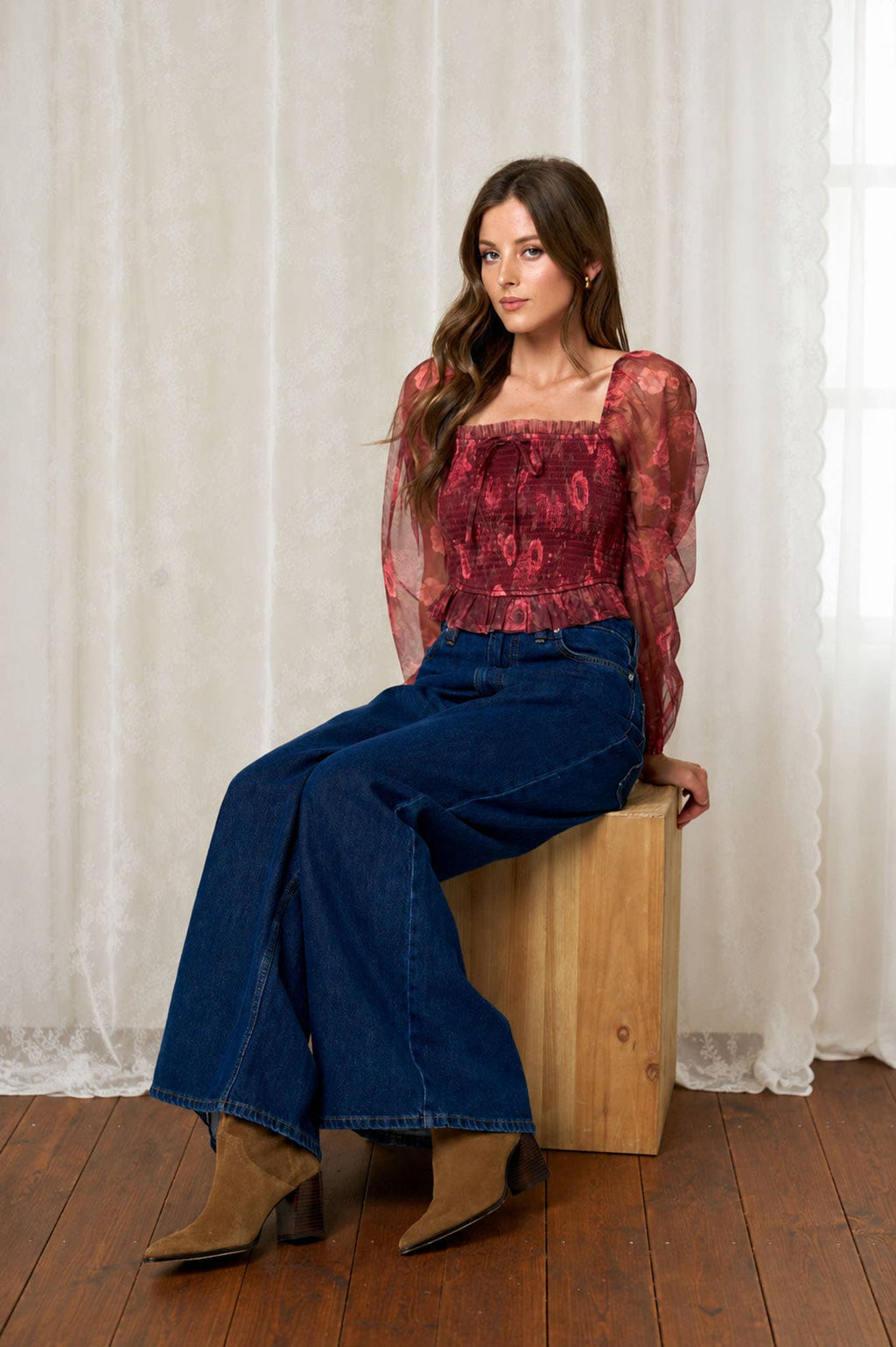 FLORAL CHIFFON SMOCKED LONG SLEEVE BLOUSE