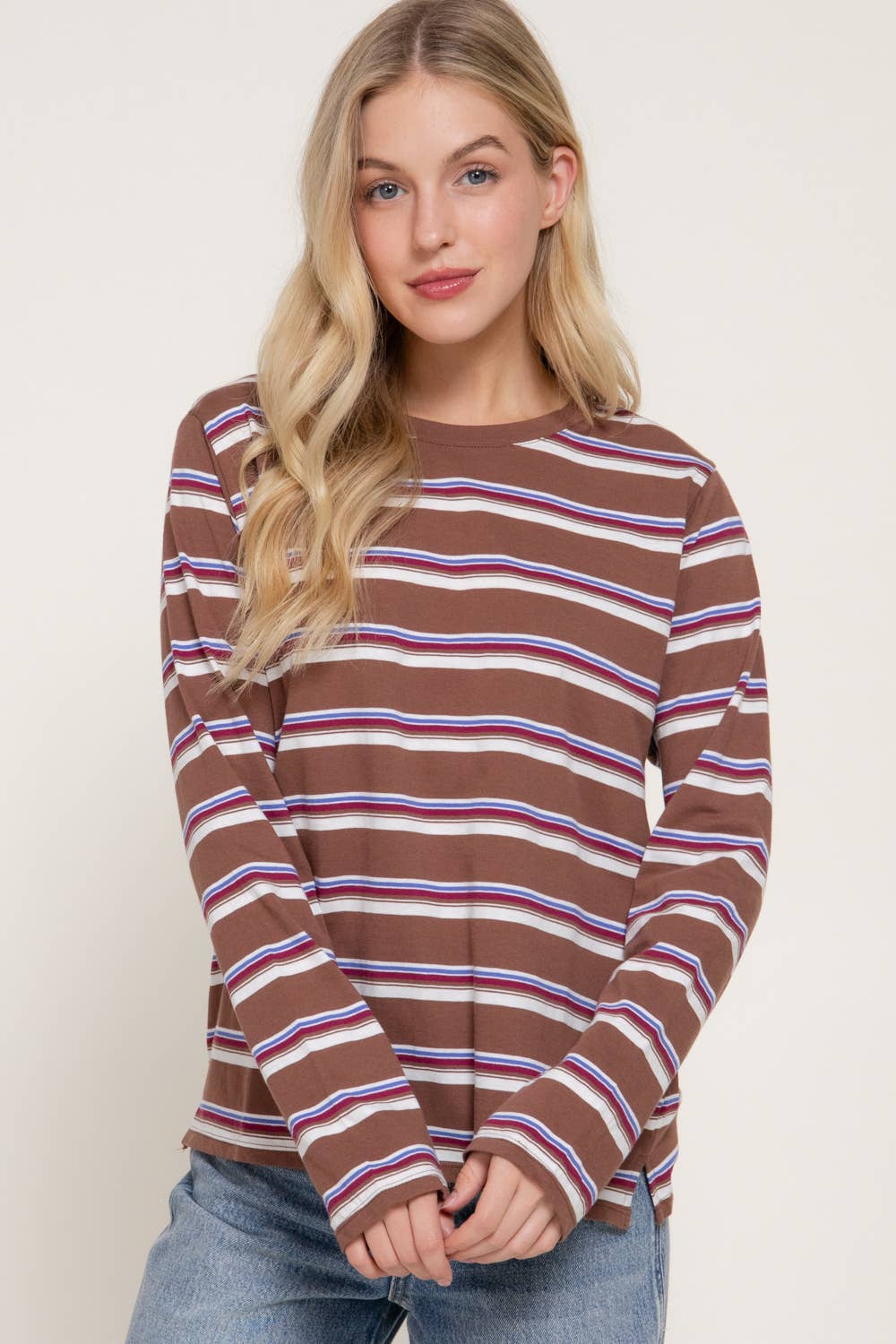 Long Sleeve Crew Neck Y/D Multi Striped Knit Top