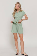 Short Sleeve Button Down Top & Shorts Crinkle Knit Set