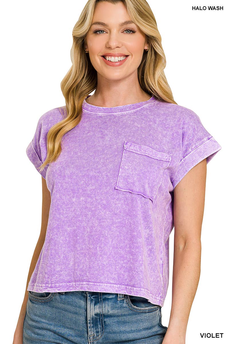 Halo Snow Washed Cotton Cuffed Short Sleeve Top - Zenana