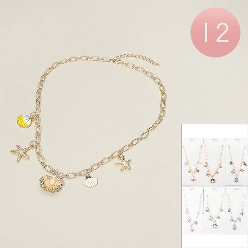 12PCS - Seashell Starfish Charm Station Necklace