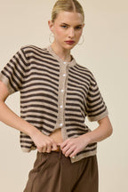 Striped Short Sleeve Knit Cardigan