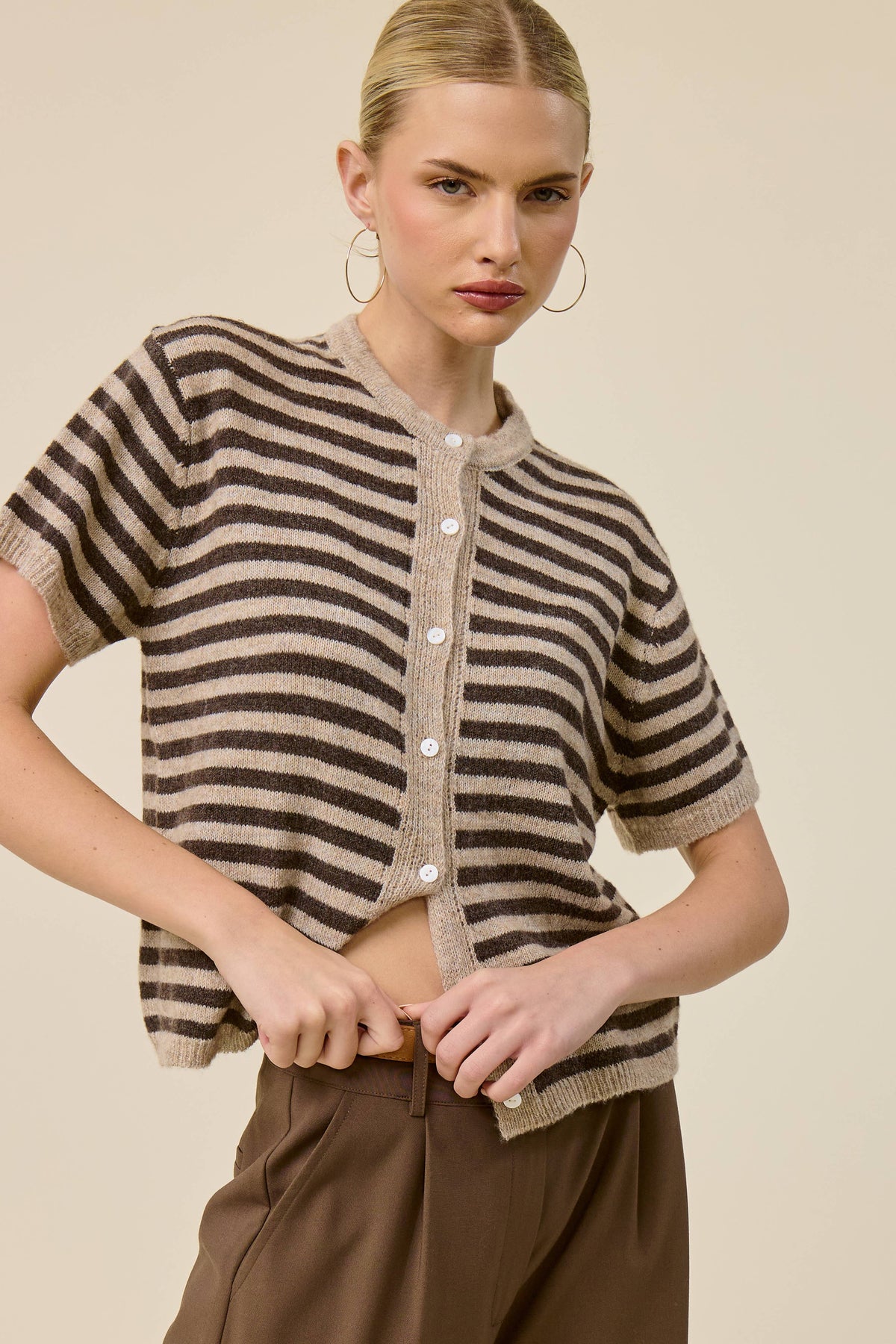 Striped Short Sleeve Knit Cardigan