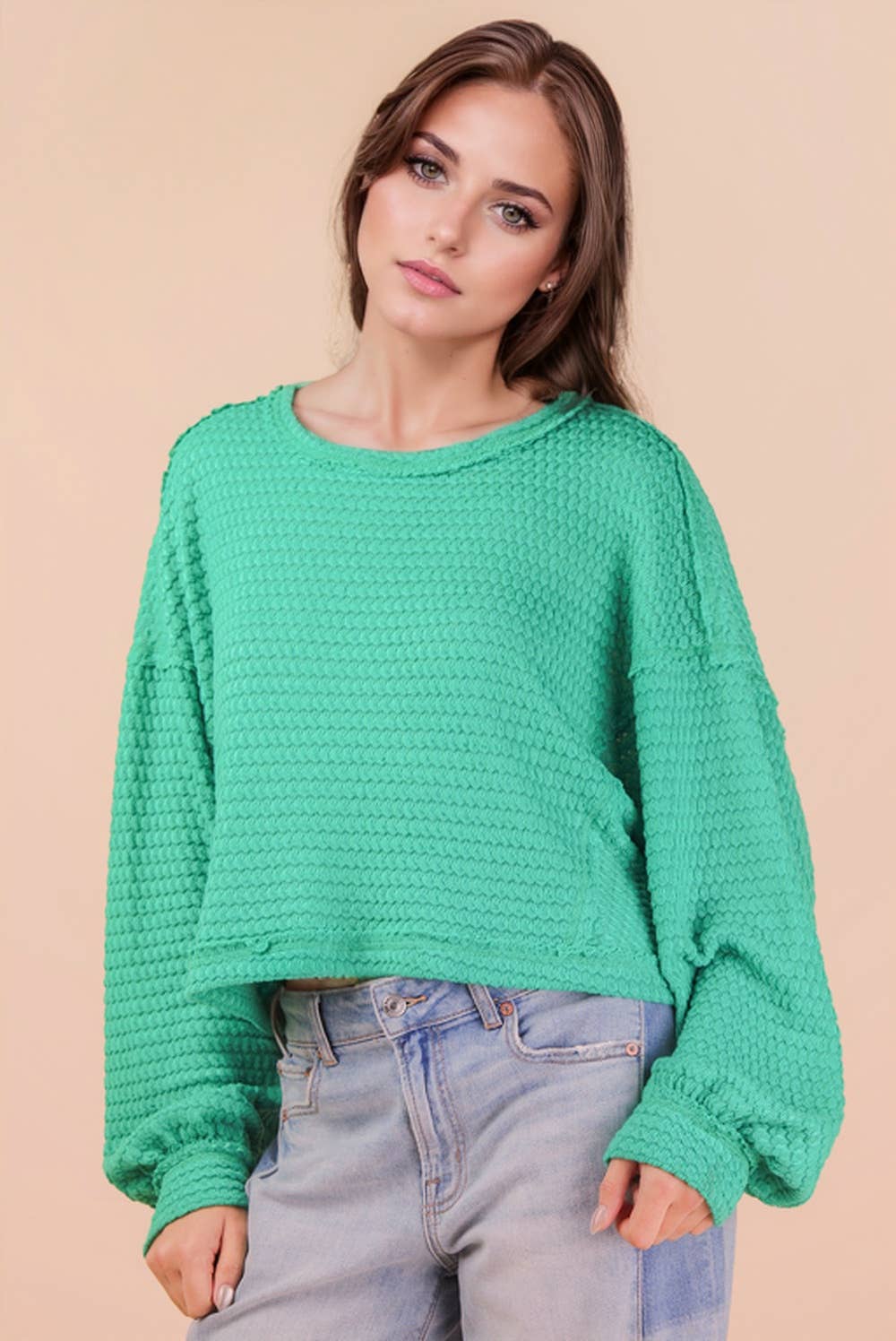 NT11982-Oversized Waffle Solid Knit Causal Top