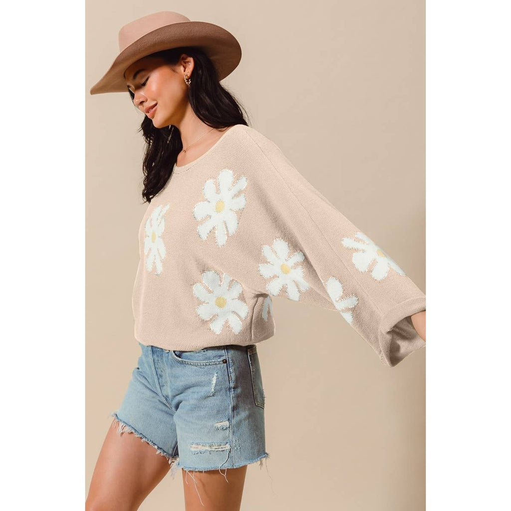 DAISY FLORAL PATTERN KNITTED SWEATER TOP