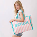 BEACH Letter Embroidery Terry Cloth Frayed Striped Shoulder Tote Bag