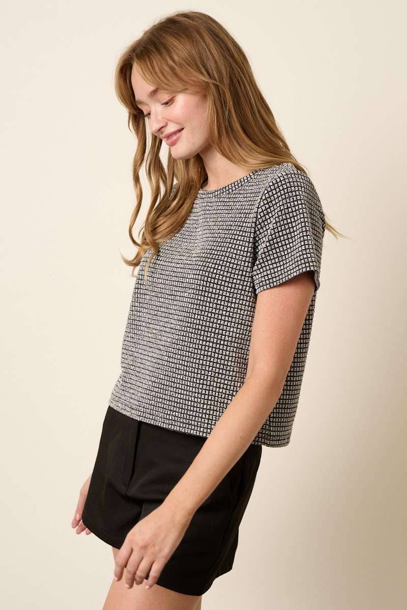 T10373B - GEO PATTERN METALLIC SHORT SLEEVE TOP
