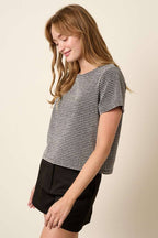 T10373B - GEO PATTERN METALLIC SHORT SLEEVE TOP