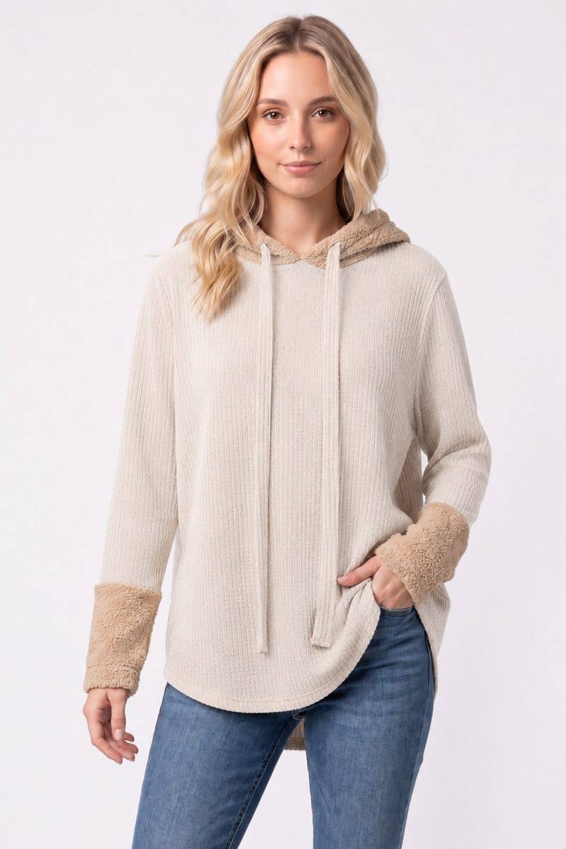 Textured Faux Sherpa Collar Hooded Top