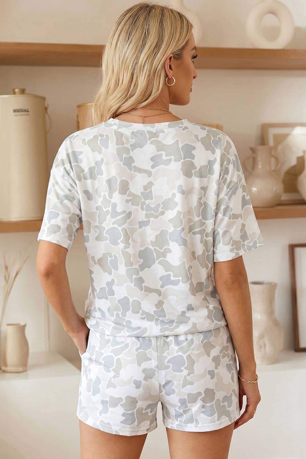 66 Camo Print Short Sleeve Top and Shorts Lounge Set (S-XL)