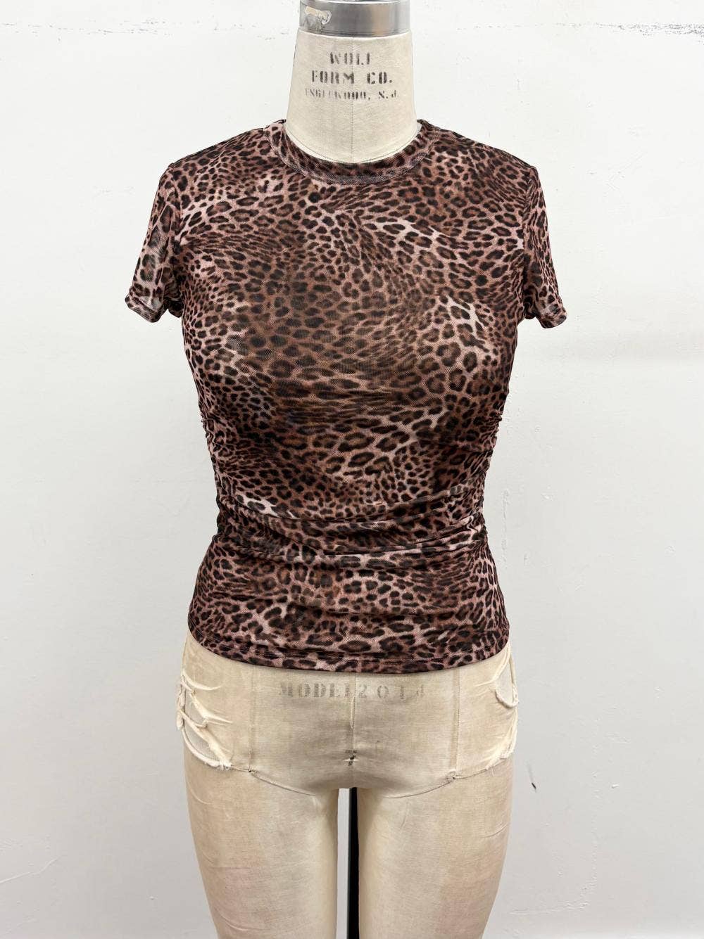 Leopard Print Ruched Mesh Top