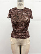 Leopard Print Ruched Mesh Top