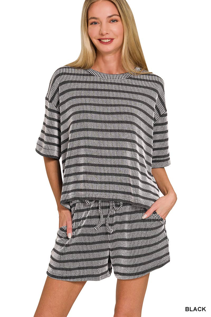 0420 Raised Rib Striped Tee & Shorts Set SI-29196
