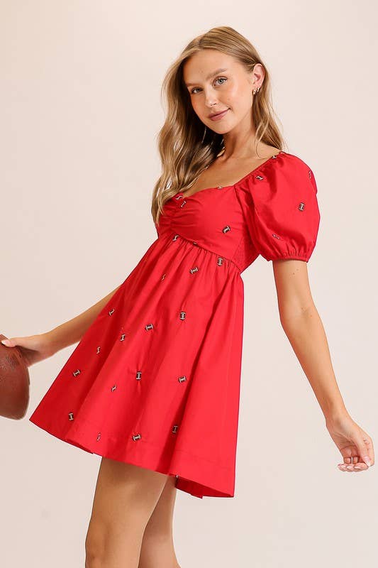 Football Embroidered Game Day Puff Sleeve Dress