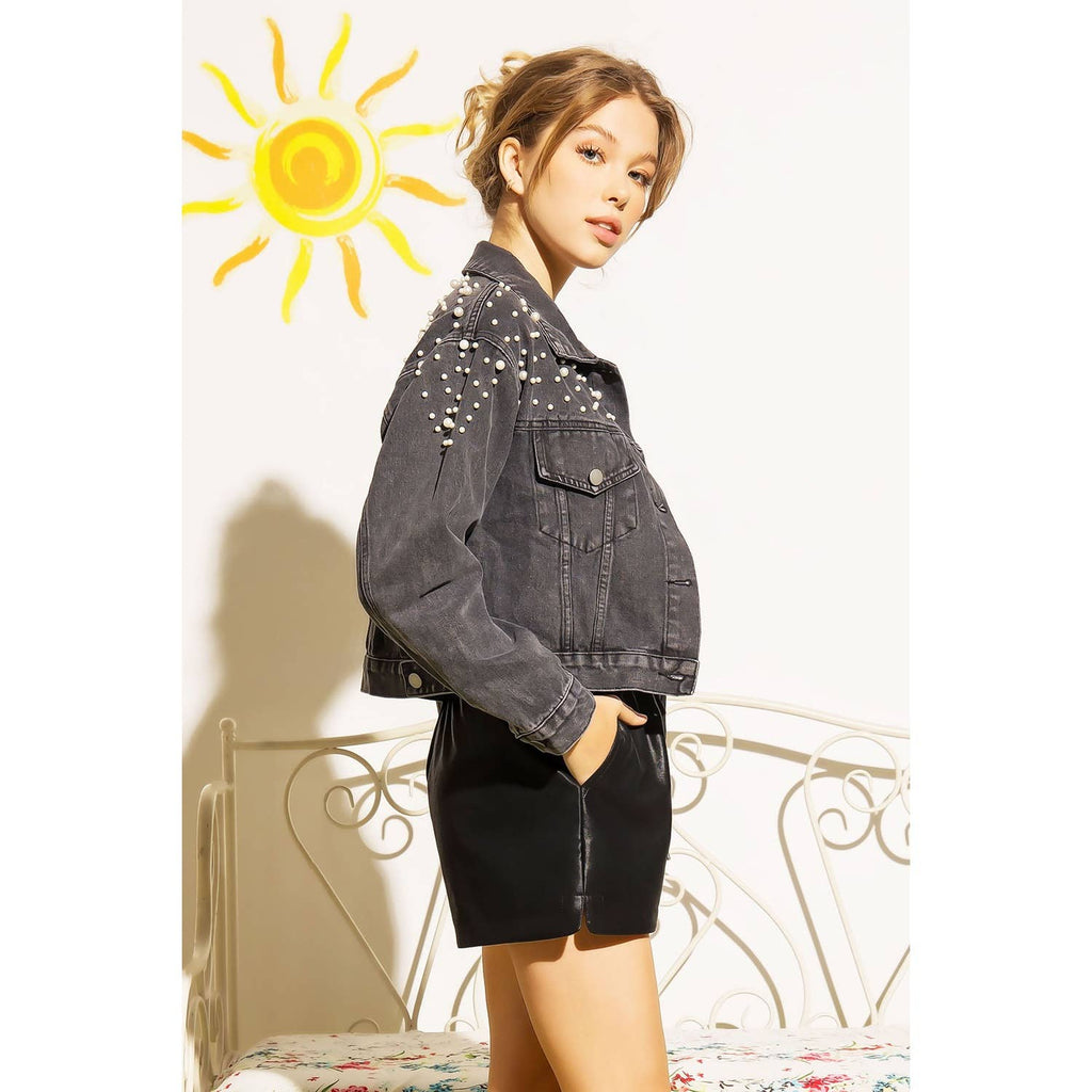 DENIM CROP JACKET WITH PEARL STUDS