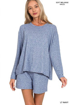 Soft Melange Long Sleeve Tee & Shorts Loungewear Set-Zenana