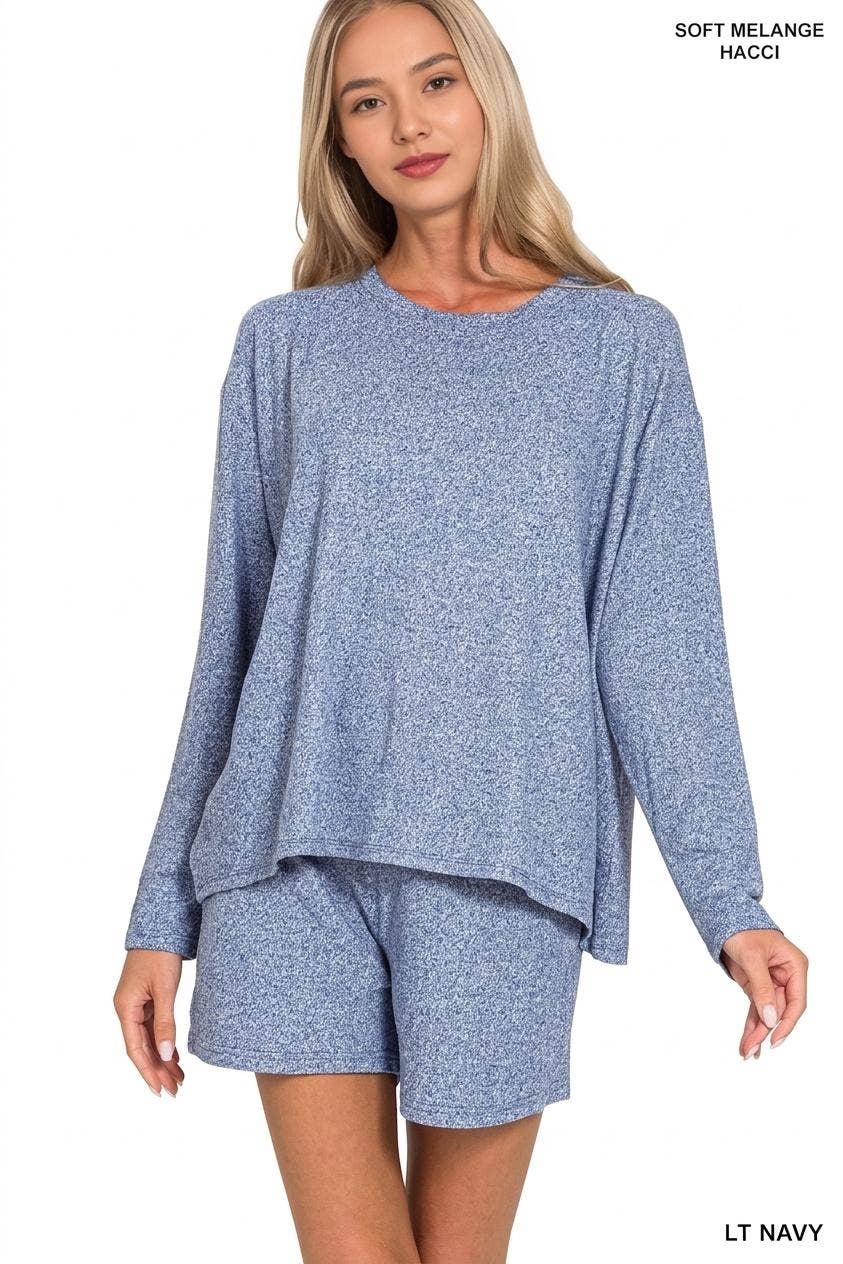 Soft Melange Long Sleeve Tee & Shorts Loungewear Set-Zenana
