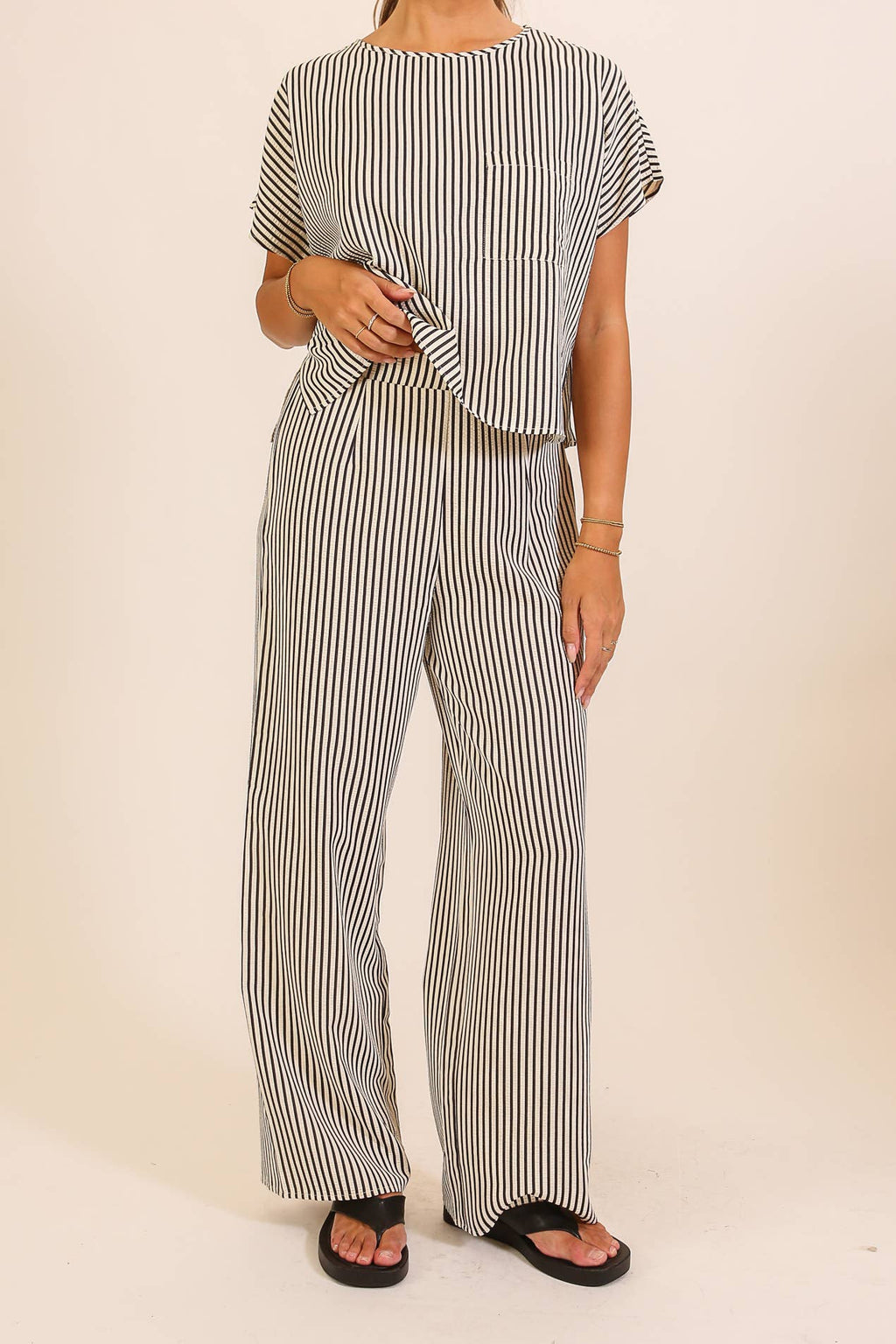 Striped Textured Top & Wide Leg Pant Set