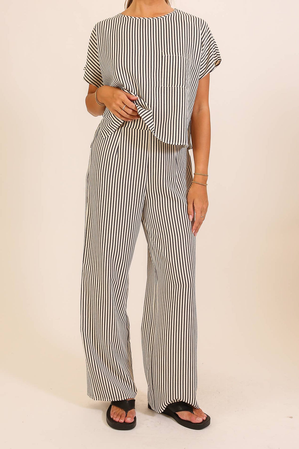 Striped Textured Top & Wide Leg Pant Set