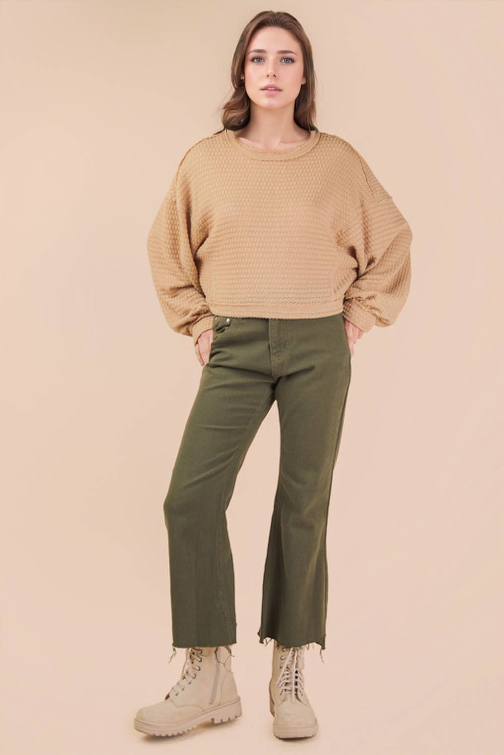 NT11982-Oversized Waffle Solid Knit Causal Top