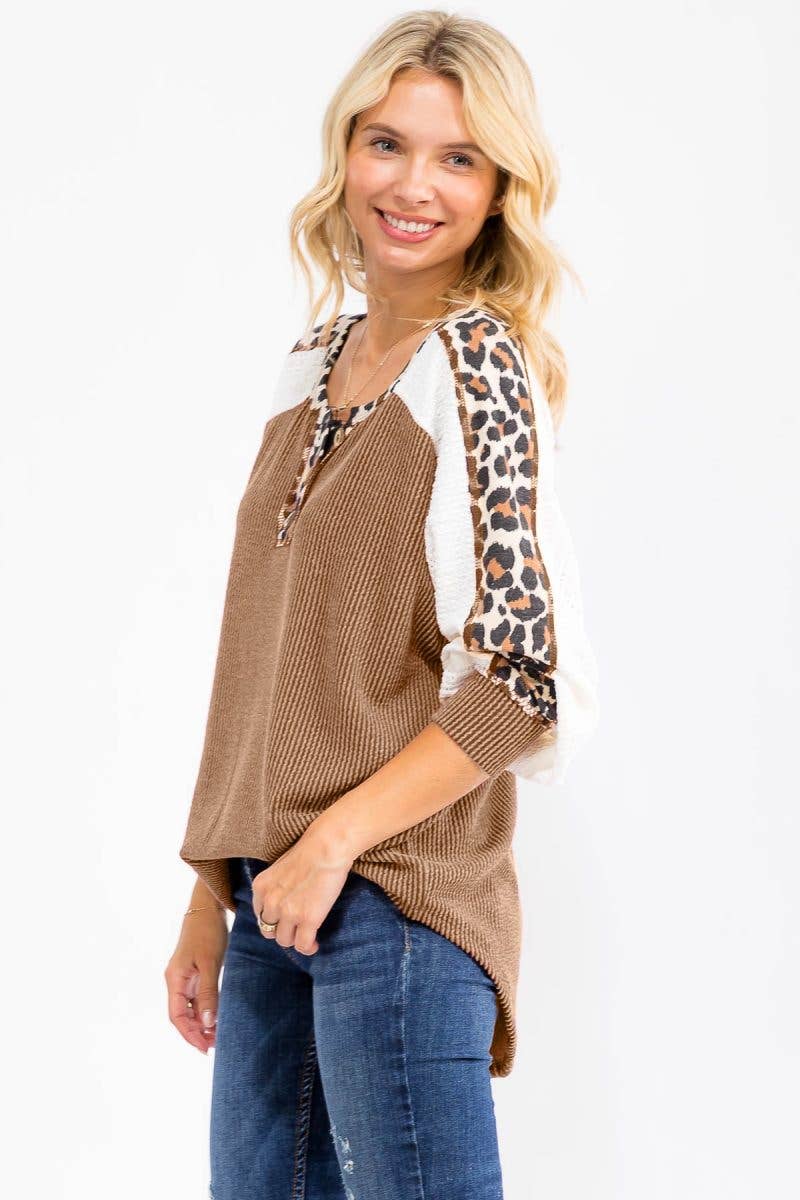 Rib Knit Leopard Lace Sleeve Detail Pullover Top