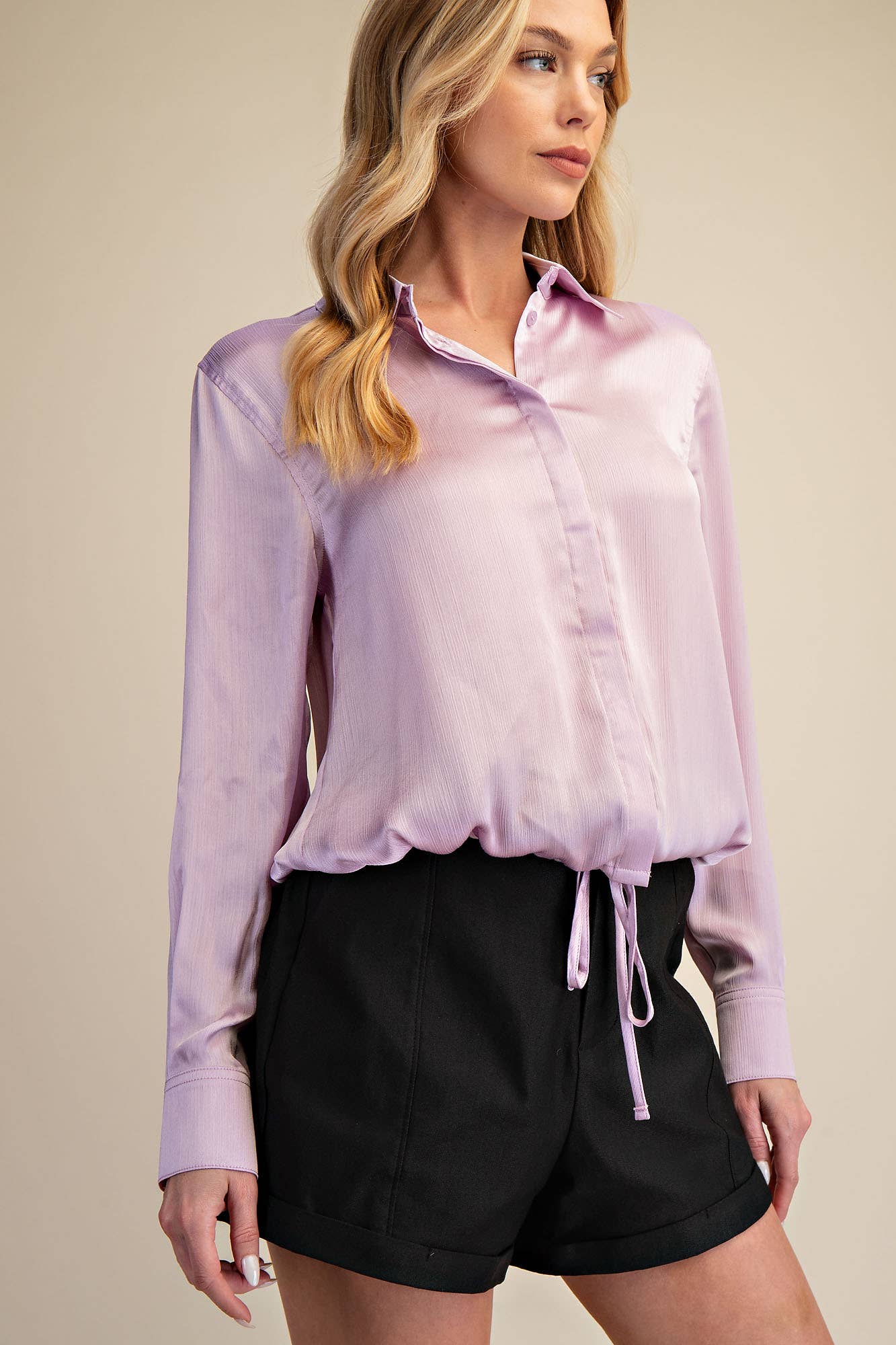 Collar Neck Long Sleeve Adjustable Drawstring Hem Shirt