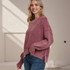 `Washed Side Slit Oversized Cropped Sweater SI-26510 Zenana