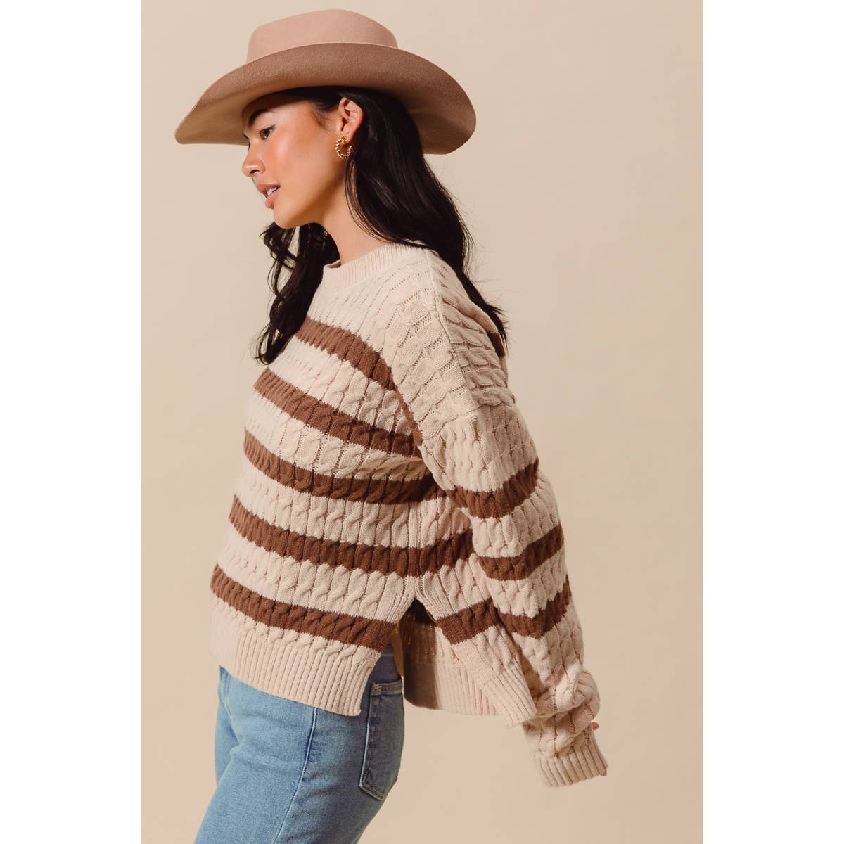 STRIPE CABLE KNIT SWEATER TOP WITH SIDE SLITS